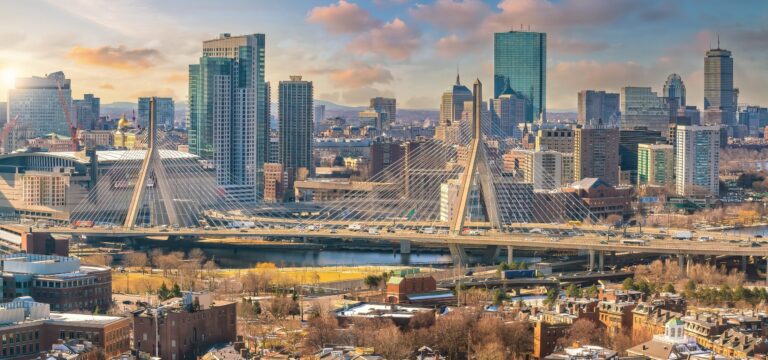 Boston skyline with the Leonard P. Zakim Bunker Hill Memorial Bridge in the foreground
